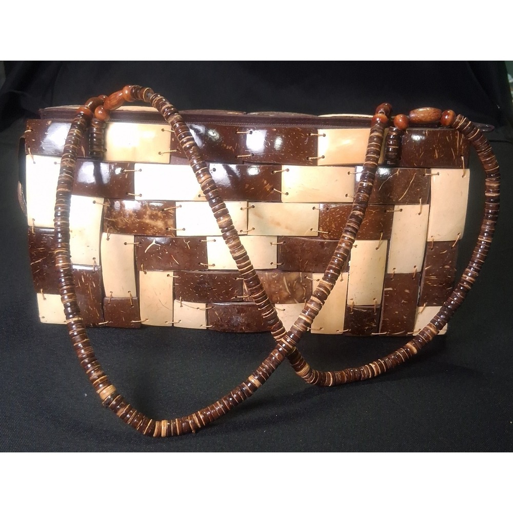 Coconut Shell Handcrafted Patchwork Two Handle Bag 11x6x3 EUC